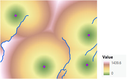 Map of straight-line distance from four ranger stations incorporating barriers and surface distance Map of straight-line distance from four ranger stations incorporating barriers and surface distance
